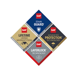 GAF Lifetime warranty, StainGuard, Advanced Protection and LayerLock technology